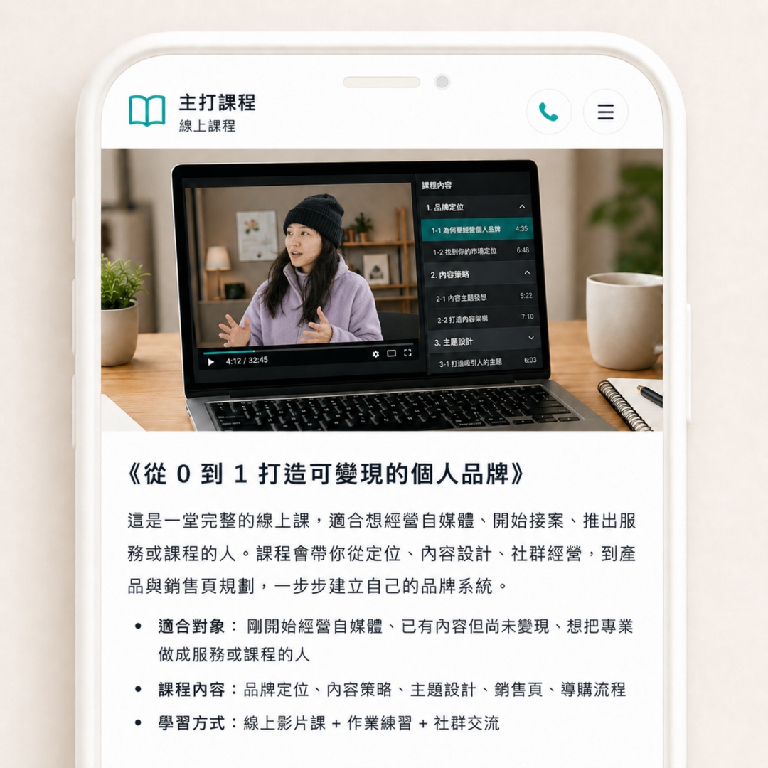 顧問或網紅一頁個人品牌頁合作與諮詢入口範例