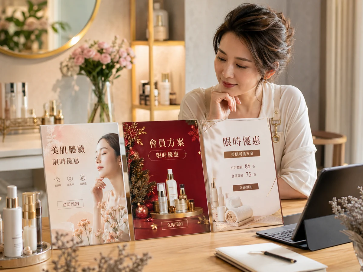 美業店主比較 AI 生成的促銷海報方向